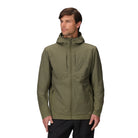 Front view of the Outdoor Research Shadow Hybrid Hoodie in Ranger Green, shown on a model with insulated chest, zippered storage pockets, and hood coverage, built for stop-and-go alpine missions and tactical cold-weather performance.