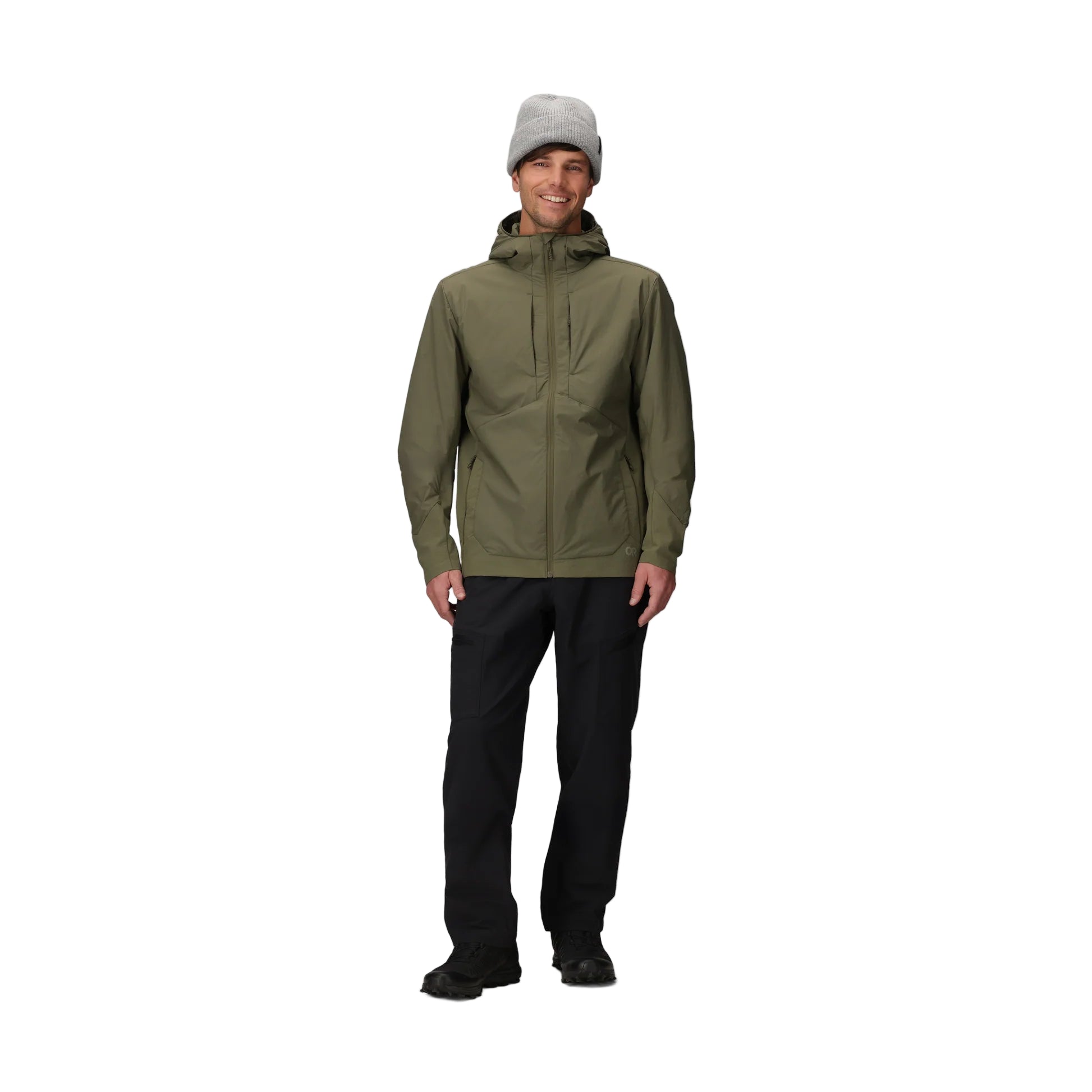 Full body view of the Outdoor Research Shadow Hybrid Hoodie in Ranger Green, shown on a model with athletic fit, hybrid insulation, and weather-resistant design for tactical missions, alpine expeditions, and active cold-weather layering.