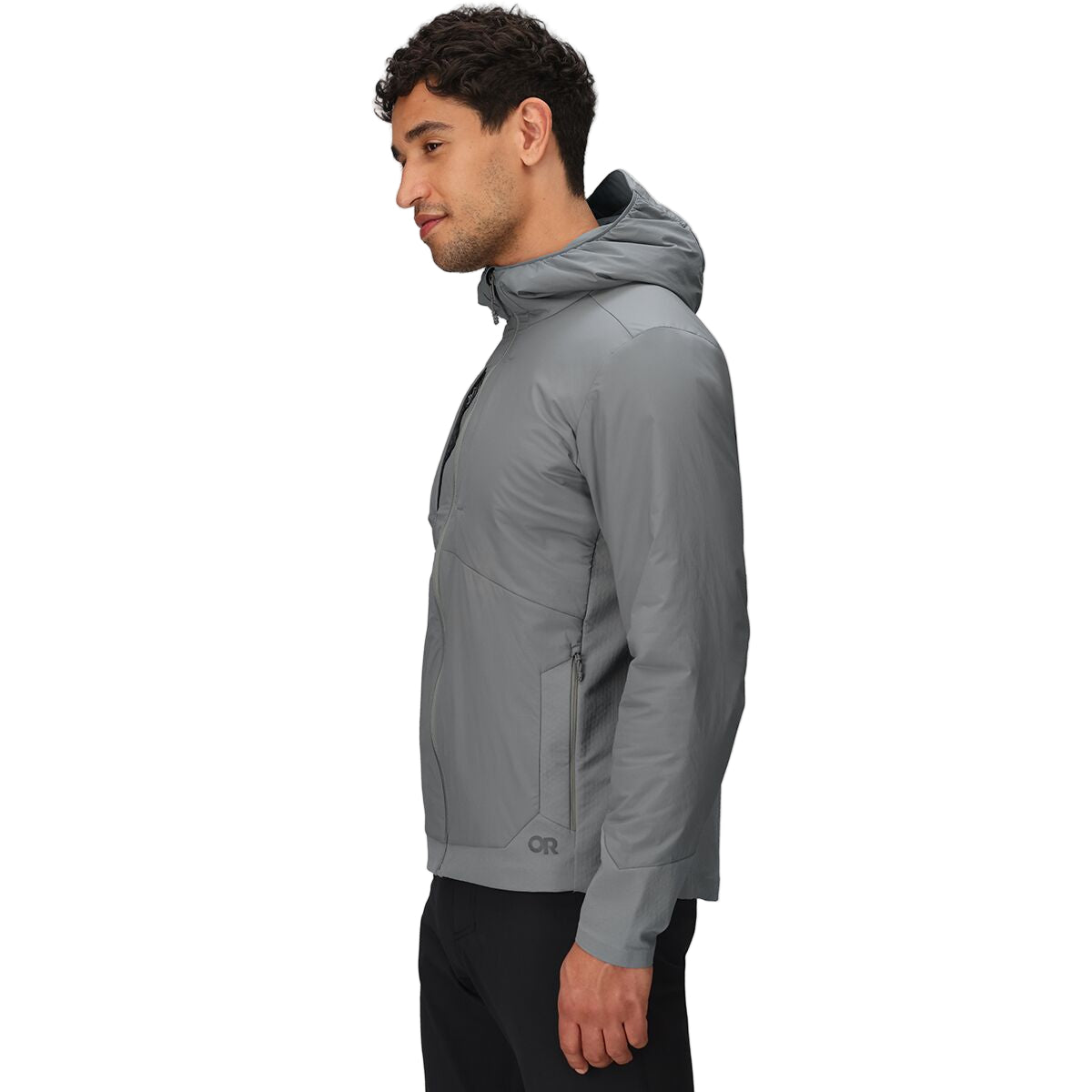 Three-quarter side view of the Outdoor Research Shadow Hybrid Hoodie in Wolf Grey, showing hybrid insulation mapped to the front with stretch panels at the sides, built for tactical missions, alpine pursuits, and active cold-weather performance.