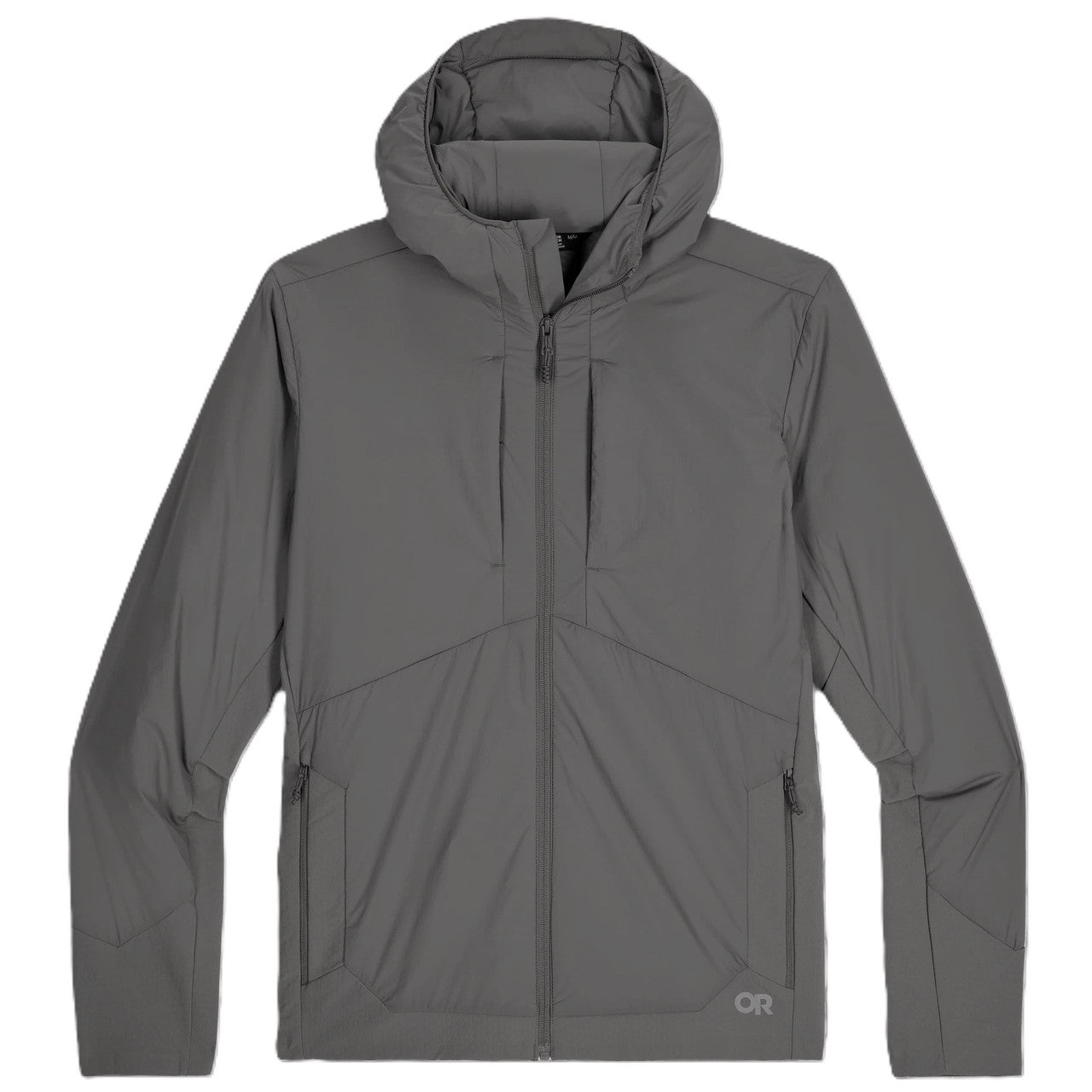 Product shot of the Outdoor Research Shadow Hybrid Hoodie in Wolf Grey, featuring VerticalX™ ECO insulation at the front and stretch panels at the back, designed for alpine climbing, tactical range training, and cold-weather outdoor performance.