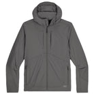 Product shot of the Outdoor Research Shadow Hybrid Hoodie in Wolf Grey, featuring VerticalX™ ECO insulation at the front and stretch panels at the back, designed for alpine climbing, tactical range training, and cold-weather outdoor performance.