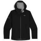 Front view of the black Outdoor Research Stratoburst Stretch Rain Jacket showing lightweight waterproof tactical shell with mechanical stretch and eco-friendly build