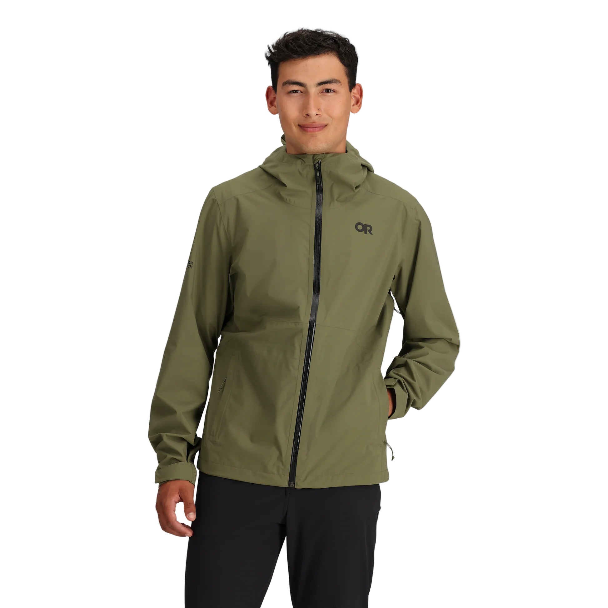 Front view of the Stratoburst Rain Jacket in Ranger Green worn by model, displaying tactical fit, adjustable hood, and waterproof fabric for wet-weather operations