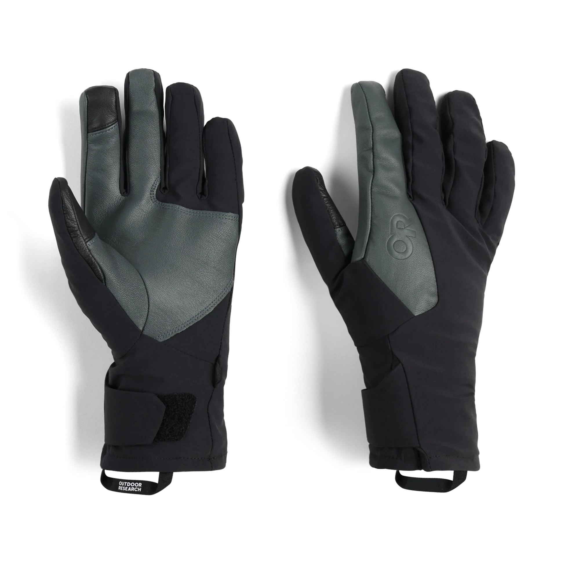 Product shot of the Outdoor Research Sureshot Pro Gloves in black, featuring Ventia™ waterproof insert, EnduraLoft™ insulation, goat leather palm, and touchscreen-compatible fingertips for precision grip and winter warmth.