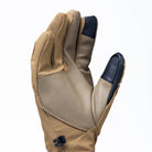 Close-up of the Outdoor Research Sureshot Pro Gloves in coyote, showing waterproof goat leather palm with reinforced stitching for durability, grip, and precision control in active winter missions.
