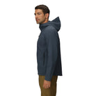 Three-quarter side view of the Outdoor Research Ultima Soft Shell Hoodie in Atlantic deep navy, showing athletic fit, breathable softshell fabric, and weather-ready design for alpine pursuits.