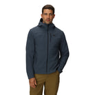 Front view of the Outdoor Research Ultima Soft Shell Hoodie in Atlantic deep navy, shown on a model with articulated fit, chest and hand pockets, and 3-panel hood for trail and mountain coverage.