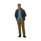 Full body view of the Outdoor Research Ultima Soft Shell Hoodie in Atlantic deep navy, shown on a model with athletic fit, lightweight softshell construction, and weather-resistant design for trail and alpine missions.