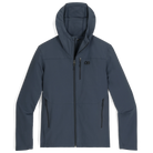 Product shot of the Outdoor Research Ultima Soft Shell Hoodie in Atlantic deep navy, built from recycled nylon with breathable stretch and weather resistance for all-season alpine protection.
