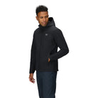 Three-quarter side view of the Outdoor Research Ultima Soft Shell Hoodie in black, showing ergonomic fit, breathable stretch shell, and durable design for all-season mountain pursuits.