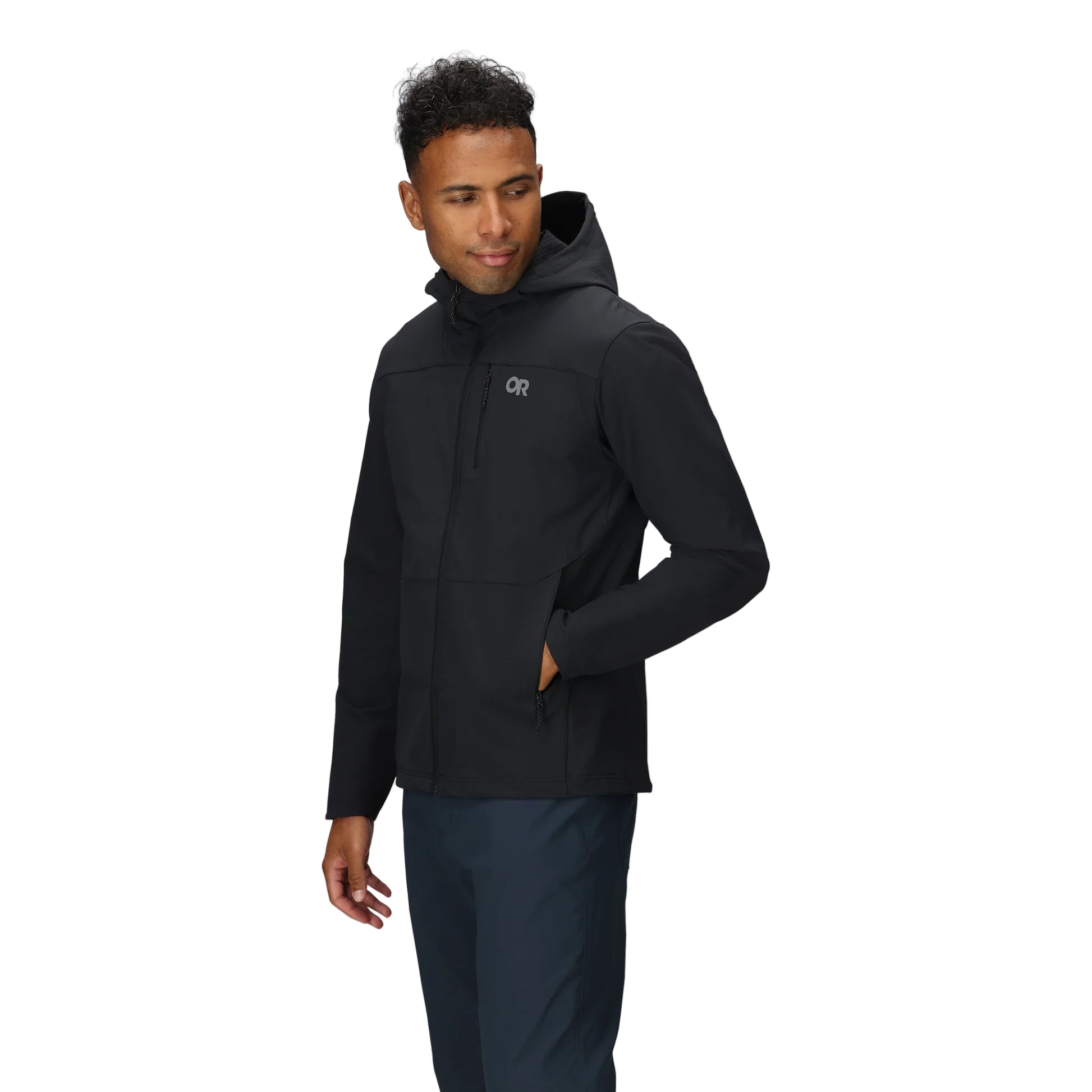 Three-quarter side view of the Outdoor Research Ultima Soft Shell Hoodie in black, showing ergonomic fit, breathable stretch shell, and durable design for all-season mountain pursuits.