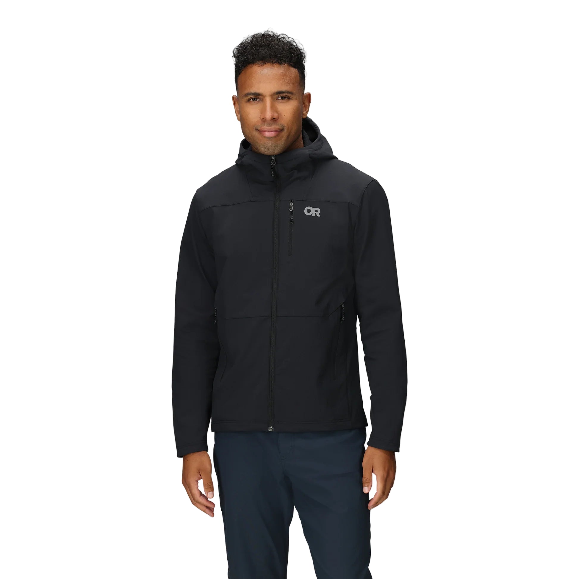 Front view of the Outdoor Research Ultima Soft Shell Hoodie in black, shown on a model with articulated fit, chest pocket storage, and 3-panel hood for trail and alpine use.