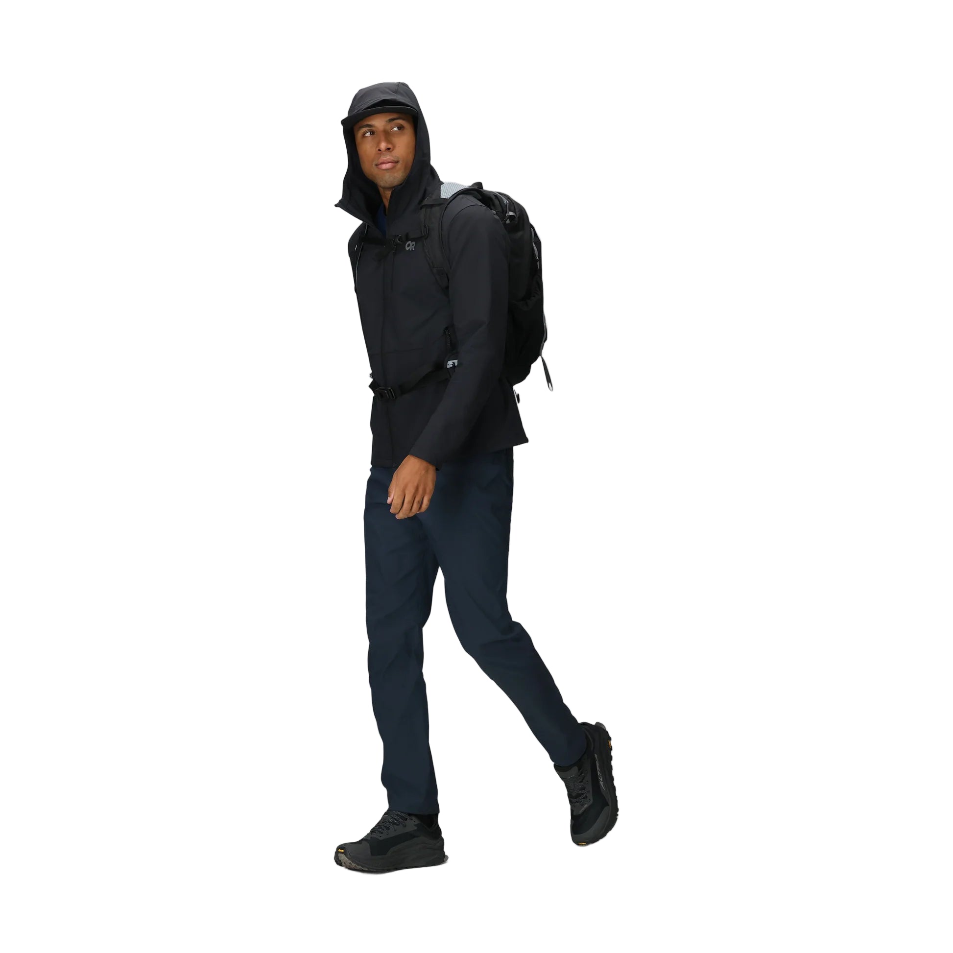 Full body view of the Outdoor Research Ultima Soft Shell Hoodie in black, shown on a model with athletic fit, lightweight softshell construction, and weather-ready design for mountain and cold-weather performance.
