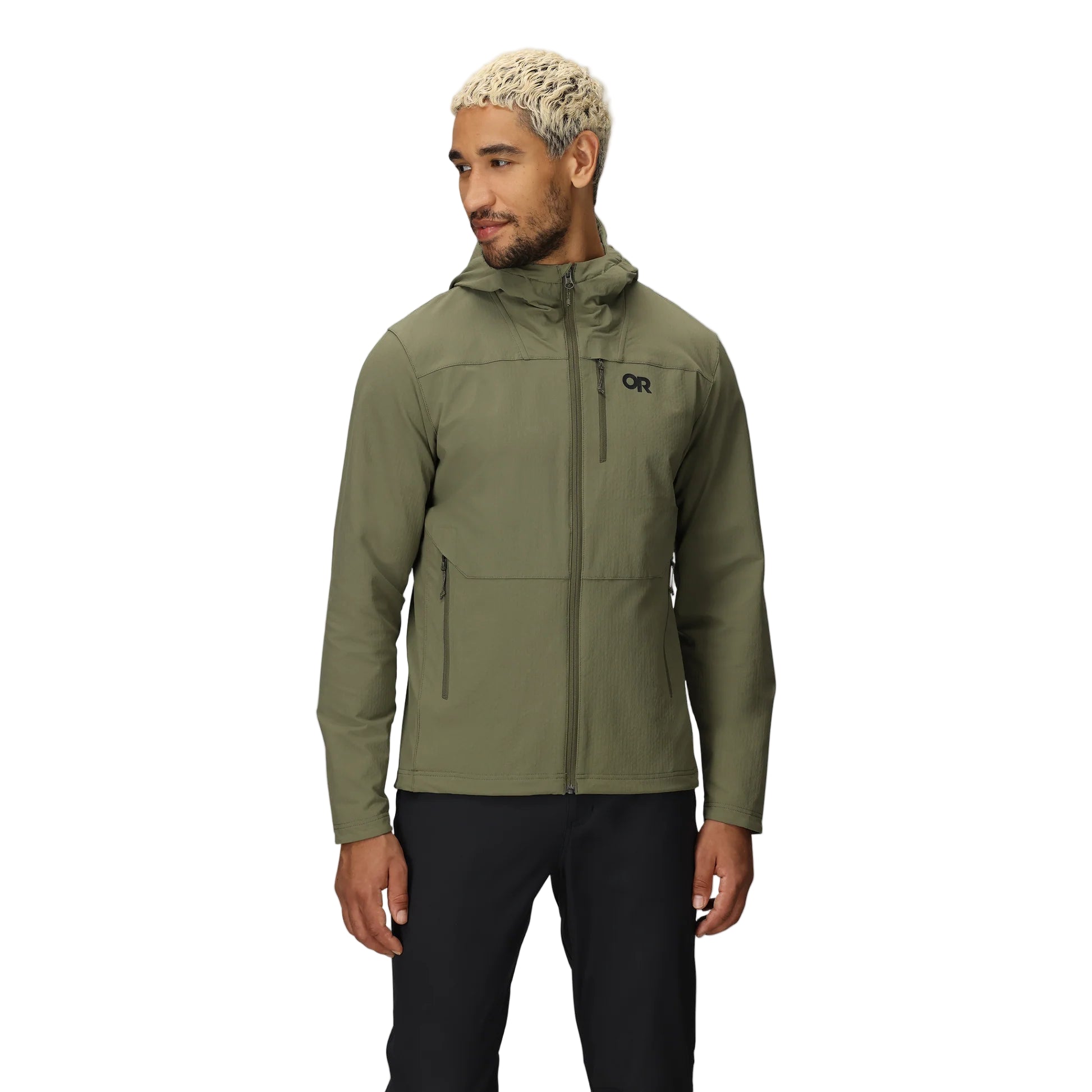 Front view of the Outdoor Research Ultima Soft Shell Hoodie in Ranger Green, shown on a model with articulated fit, chest pocket, and 3-panel hood for trail and alpine protection.