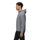 Three-quarter side view of the Outdoor Research Ultima Soft Shell Hoodie in Wolf Grey, showing streamlined fit, articulated sleeves, and weather-resistant build for alpine and trail layering.