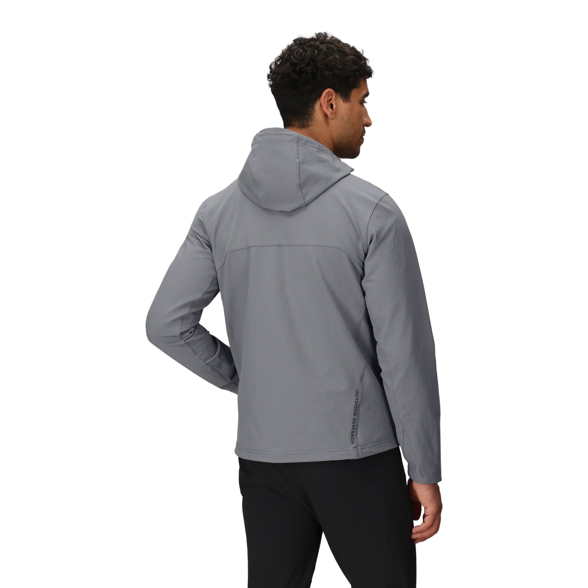 Back view of the Outdoor Research Ultima Soft Shell Hoodie in Wolf Grey, highlighting ergonomic fit, gusseted cuffs, and durable stretch construction for alpine mobility and protection.