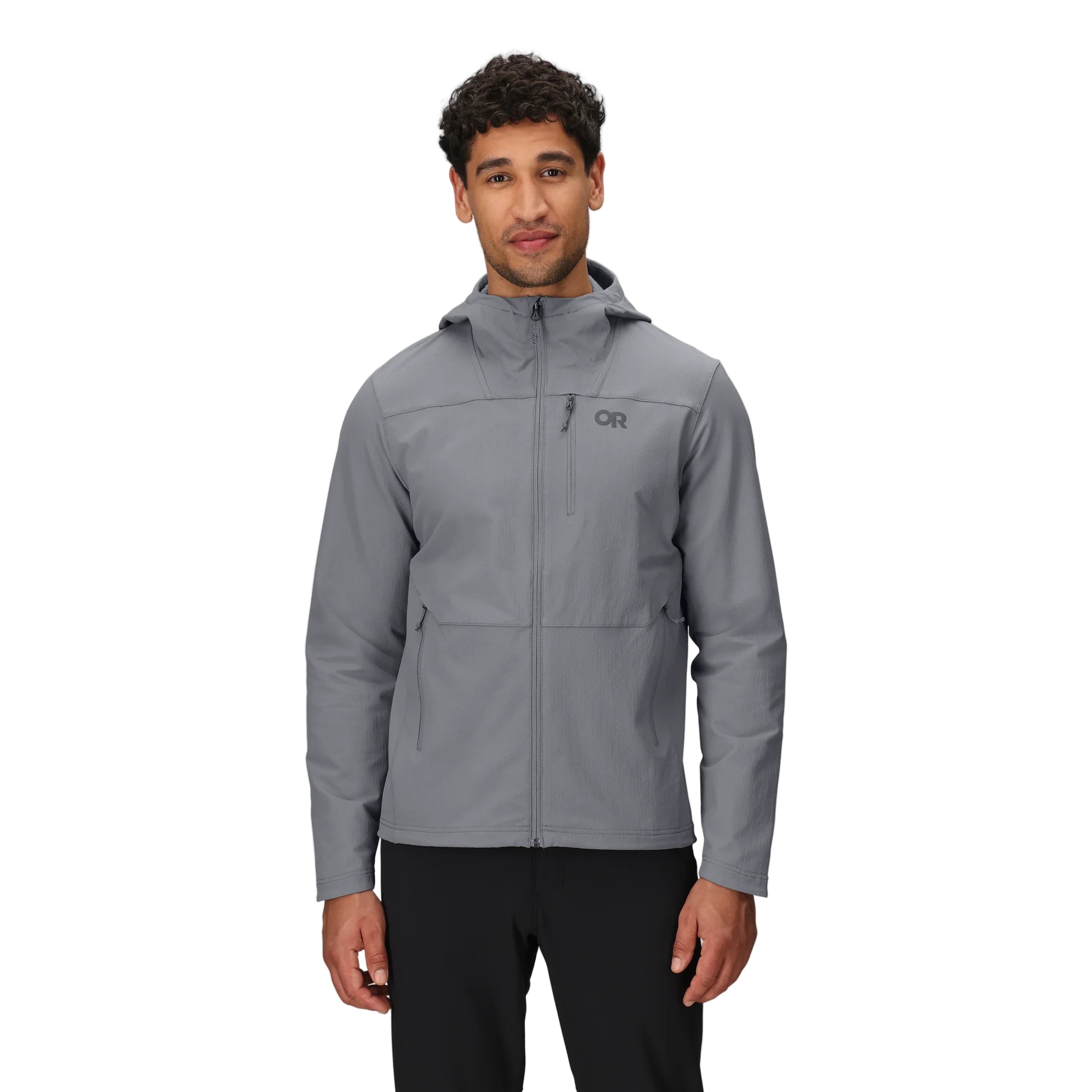 Front view of the Outdoor Research Ultima Soft Shell Hoodie in Wolf Grey, shown on a model with articulated fit, chest and hand pockets, and a 3-panel hood for trail and mountain coverage.