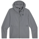 Product shot of the Outdoor Research Ultima Soft Shell Hoodie in Wolf Grey, built with recycled nylon, breathable stretch fabric, and weather resistance for year-round alpine performance.