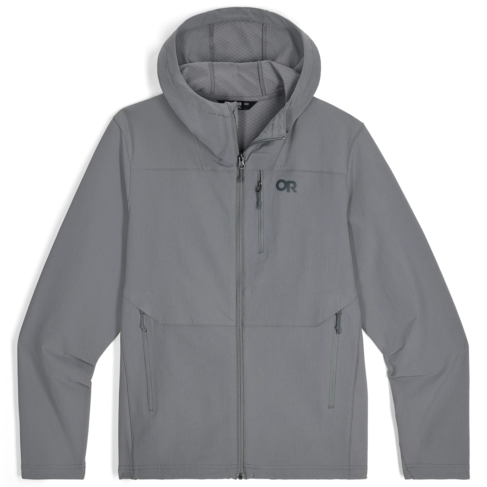 Product shot of the Outdoor Research Ultima Soft Shell Hoodie in Wolf Grey, built with recycled nylon, breathable stretch fabric, and weather resistance for year-round alpine performance.