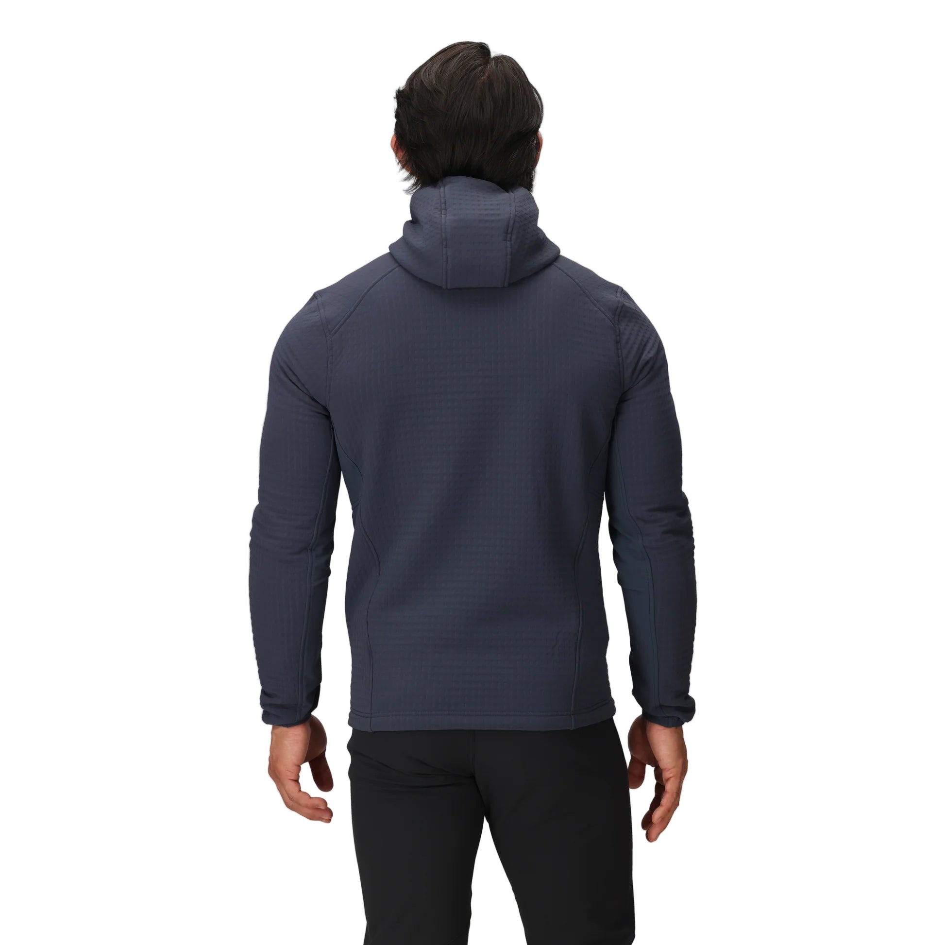 Back view of the Outdoor Research Vigor Plus Fleece Hoodie in Atlantic deep blue, shown on a model with streamlined fit, stretch construction, and hood coverage designed for mobility and cold-weather performance.