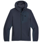 Product shot of the Outdoor Research Vigor Plus Fleece Hoodie in Atlantic deep blue, featuring recycled grid fleece for warmth and moisture-wicking, stretch panels for mobility, and a Low-Pro™ hood for cold-weather layering and active pursuits.