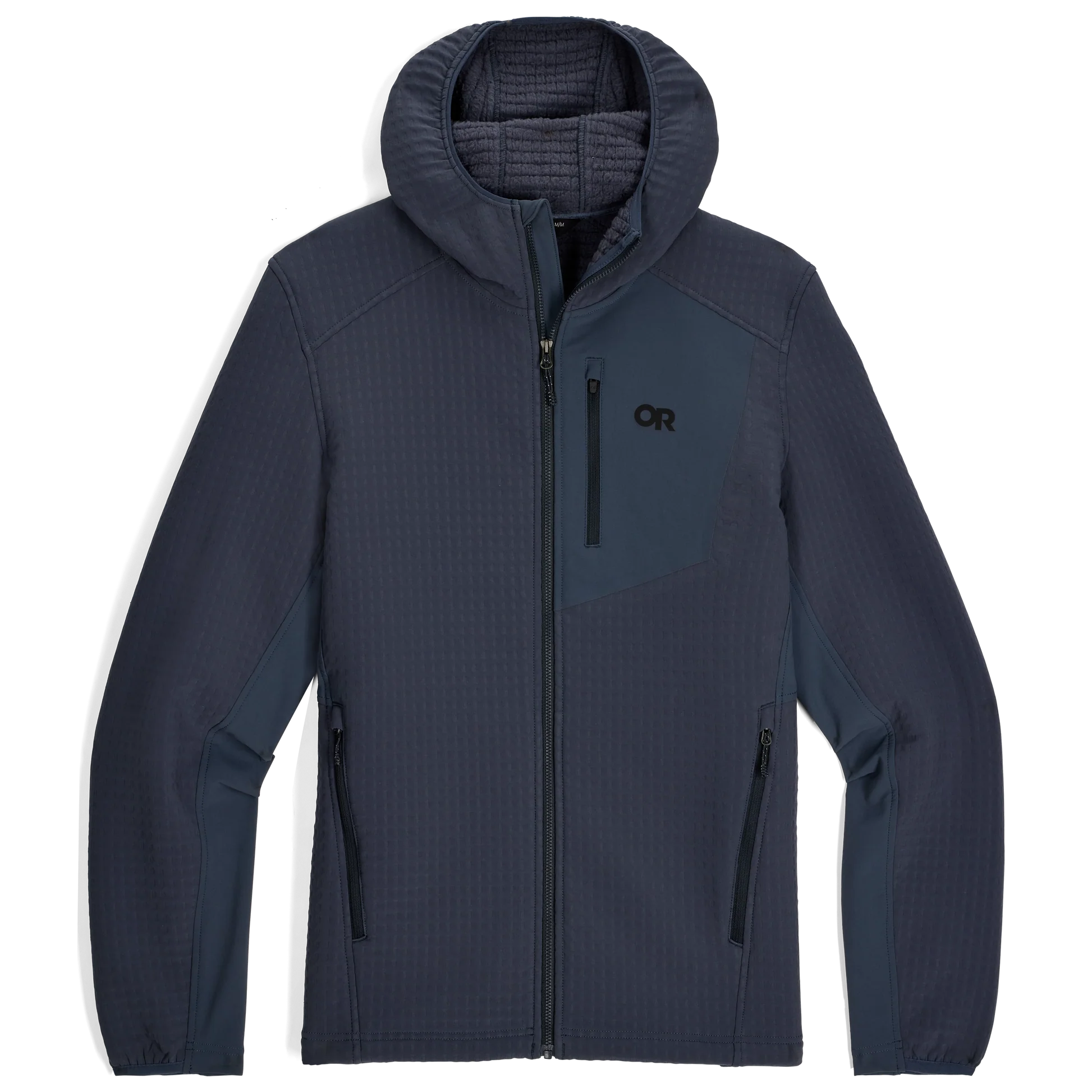 Product shot of the Outdoor Research Vigor Plus Fleece Hoodie in Atlantic deep blue, featuring recycled grid fleece for warmth and moisture-wicking, stretch panels for mobility, and a Low-Pro™ hood for cold-weather layering and active pursuits.