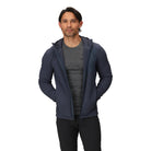Outdoor Research Vigor Plus Fleece Hoodie in Atlantic deep blue shown on a model unzipped, highlighting breathable grid fleece interior, full-zip YKK® Vislon closure, and versatile fit for layering in alpine, hiking, and cold-weather pursuits.