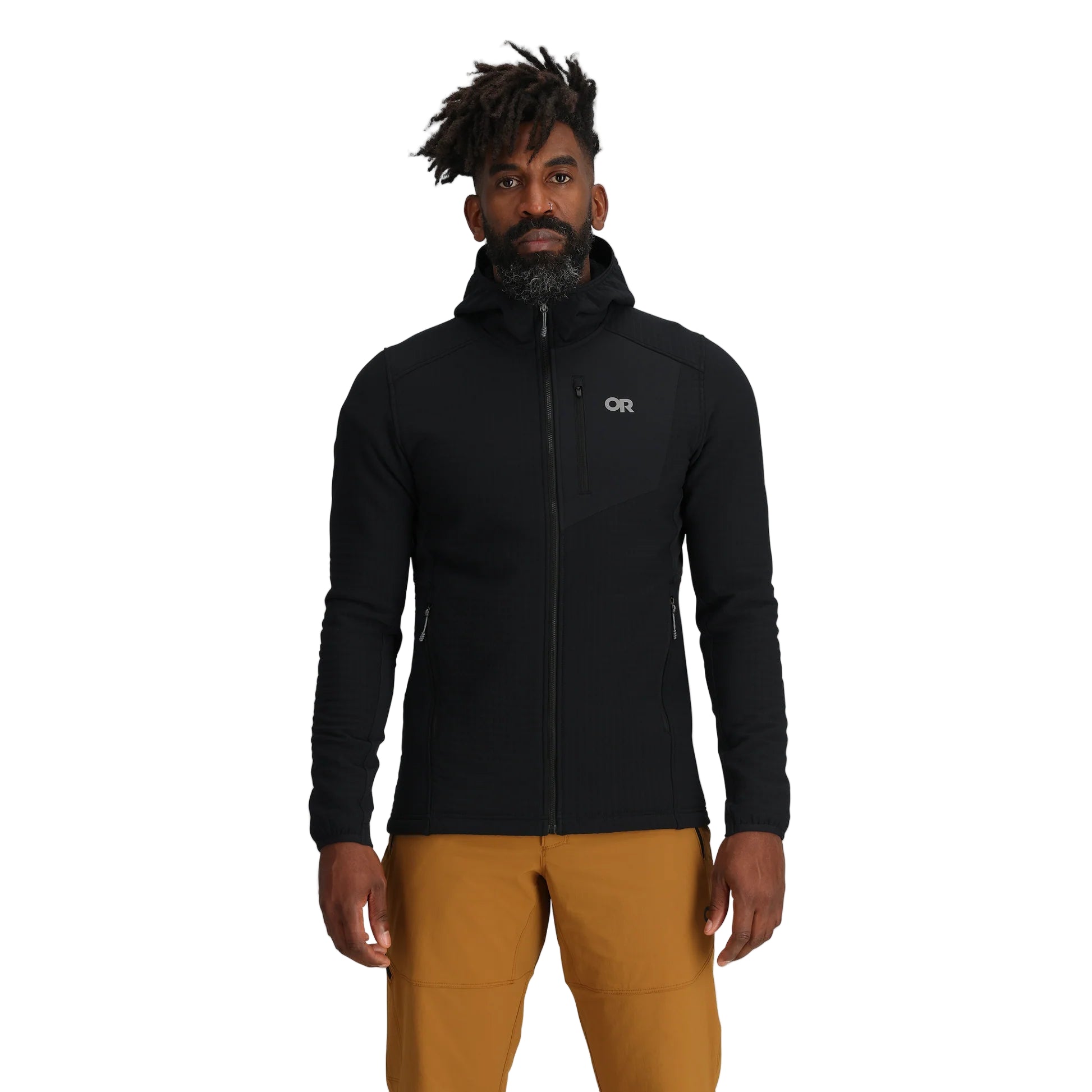 Front view of the Outdoor Research Vigor Plus Fleece Hoodie in black shown on a model, highlighting the athletic fit, full-zip design, grid fleece warmth, and Low-Pro™ hood for cold-weather layering and active pursuits.
