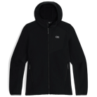 Product shot of the Outdoor Research Vigor Plus Fleece Hoodie in black, featuring recycled grid fleece for warmth and moisture-wicking, stretch panels for full mobility, and a Low-Pro™ hood for cold-weather layering and active performance.