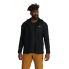 Outdoor Research Vigor Plus Fleece Hoodie in black shown on a model unzipped, highlighting breathable grid fleece interior, full-zip YKK® Vislon closure, and versatile fit for layering in cold-weather activities.