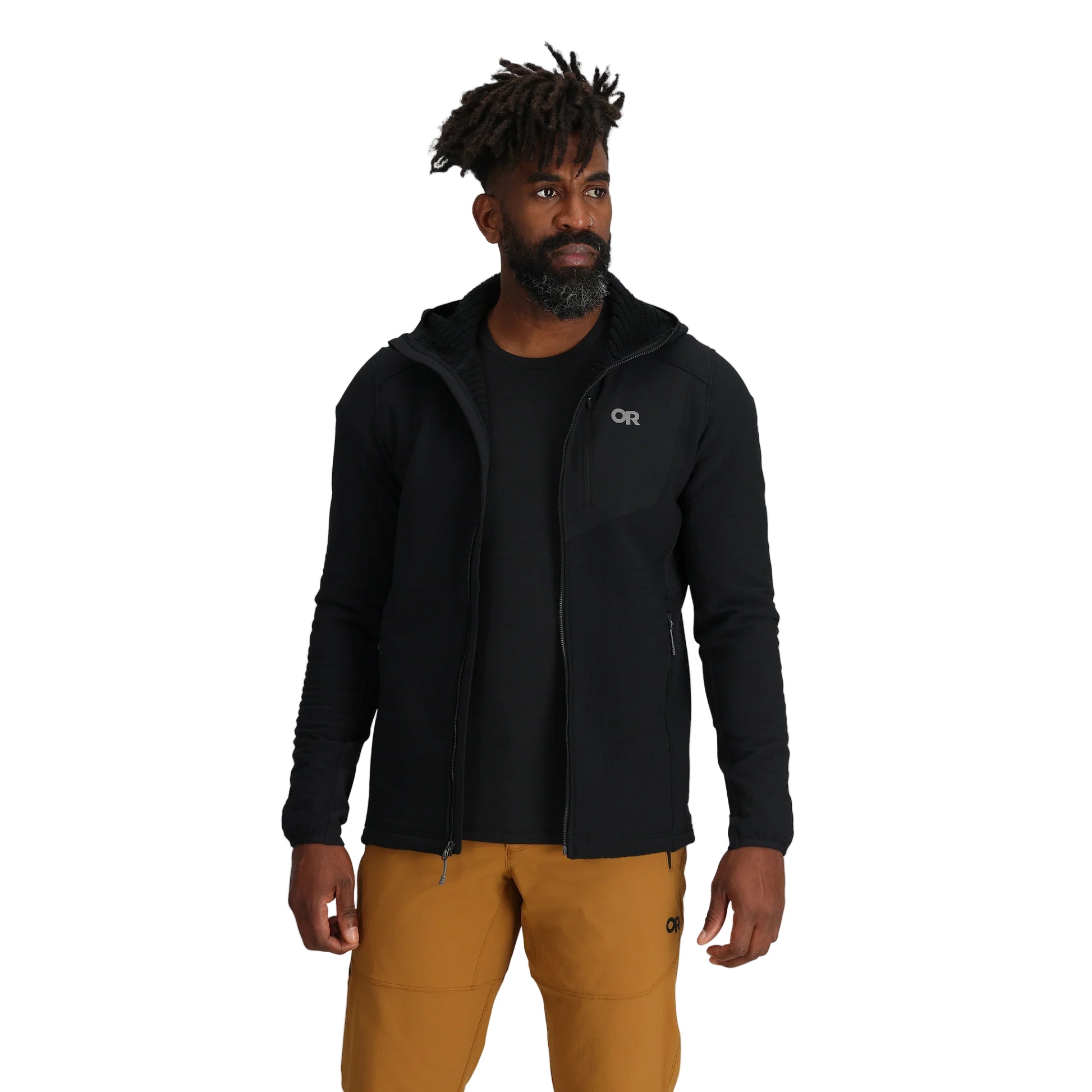 Outdoor Research Vigor Plus Fleece Hoodie in black shown on a model unzipped, highlighting breathable grid fleece interior, full-zip YKK® Vislon closure, and versatile fit for layering in cold-weather activities.