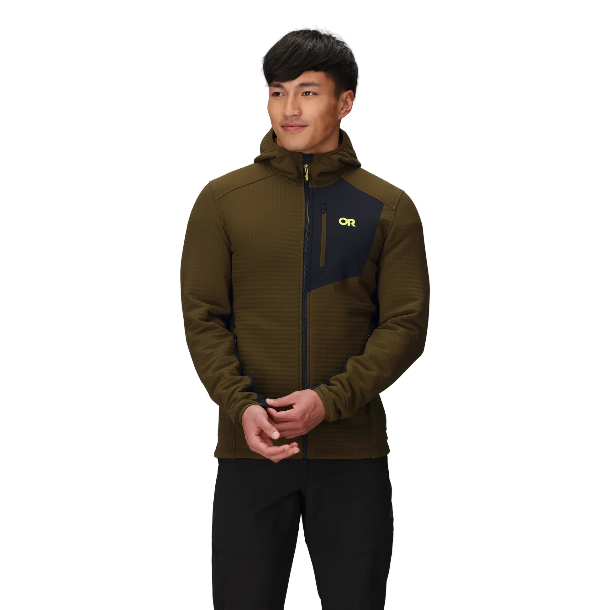 Front view of the Outdoor Research Vigor Plus Fleece Hoodie in dark olive and black shown on a model, highlighting athletic fit, grid fleece warmth, full-zip design, and Low-Pro™ hood built for active cold-weather layering.