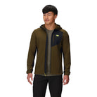 Outdoor Research Vigor Plus Fleece Hoodie in dark olive and black shown on a model unzipped, highlighting breathable grid fleece interior, full-zip YKK® Vislon closure, and versatile fit for layering in alpine, hiking, and cold-weather pursuits.