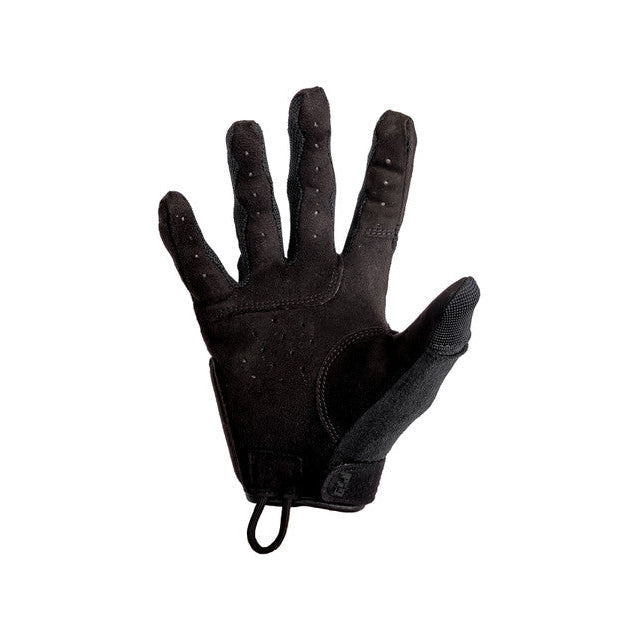 Full palm view of PIG FDT Alpha Gloves Gen 2 Black tactical shooting gloves showing single layer palm construction and sensitized Clarino trigger finger for enhanced trigger control