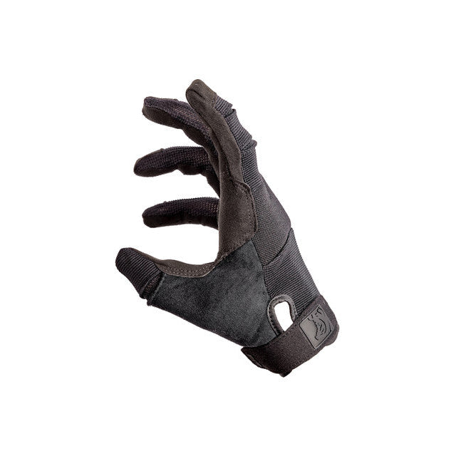 Side profile of PIG FDT Alpha Gloves Gen 2 Black tactical shooting gloves showing stretch ballistic nylon knuckle padding, ventilated finger panels, and low profile wrist closure