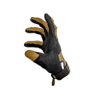 Side view of PIG FDT Alpha Gloves Gen 2 Coyote tactical shooting gloves showing stretch ballistic nylon knuckle padding, ventilated fourchettes, and low profile hook closure