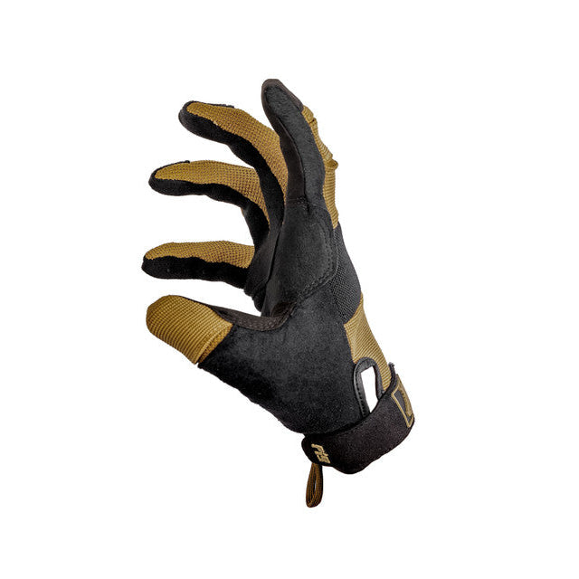 Side view of PIG FDT Alpha Gloves Gen 2 Coyote tactical shooting gloves showing stretch ballistic nylon knuckle padding, ventilated fourchettes, and low profile hook closure