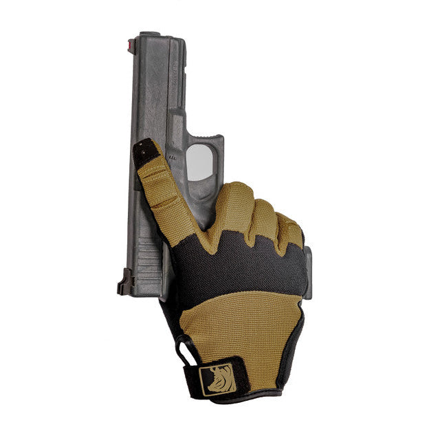 PIG FDT Alpha Gloves Gen 2 Coyote tactical shooting gloves worn during live fire training highlighting full dexterity design and precision trigger control