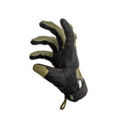 Side profile of PIG FDT Alpha Gloves Gen 2 Ranger Green tactical shooting gloves showing stretch ballistic nylon knuckle padding, ventilated finger panels, and secure hook closure