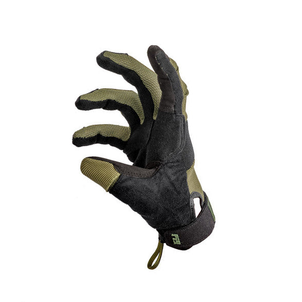 Side profile of PIG FDT Alpha Gloves Gen 2 Ranger Green tactical shooting gloves showing stretch ballistic nylon knuckle padding, ventilated finger panels, and secure hook closure