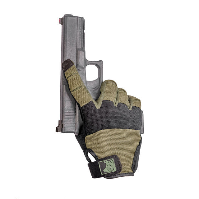 PIG FDT Alpha Gloves Gen 2 Ranger Green tactical shooting gloves worn during live fire training highlighting single layer palm grip and enhanced trigger control