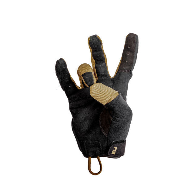 PIG FDT Alpha Gloves Gen 2 detail showing sensitized Clarino trigger finger, touchscreen compatible thumb, and single layer palm construction for maximum dexterity