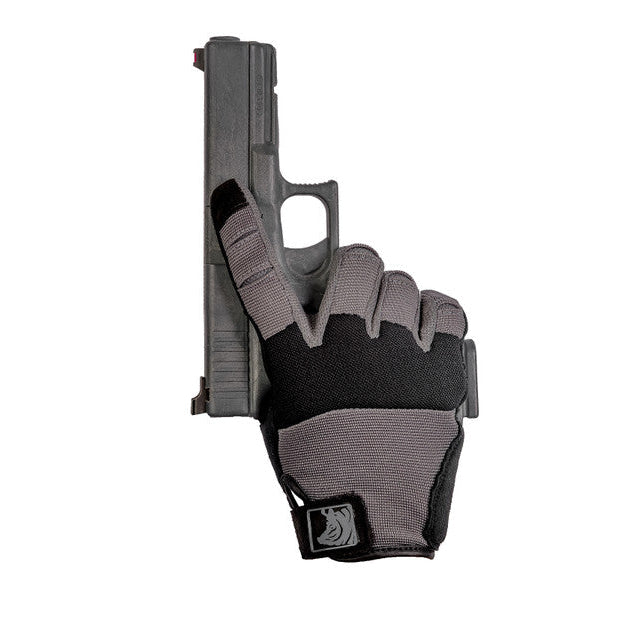 PIG FDT Alpha Gloves Gen 2 Wolf Grey tactical shooting gloves worn during live fire training emphasizing full dexterity and enhanced trigger control