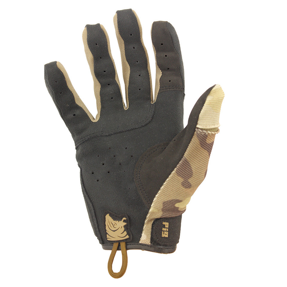 PIG FDT Alpha Gloves Multicam palm side showing single layer Clarino palm construction and isolated trigger finger for maximum dexterity and trigger control
