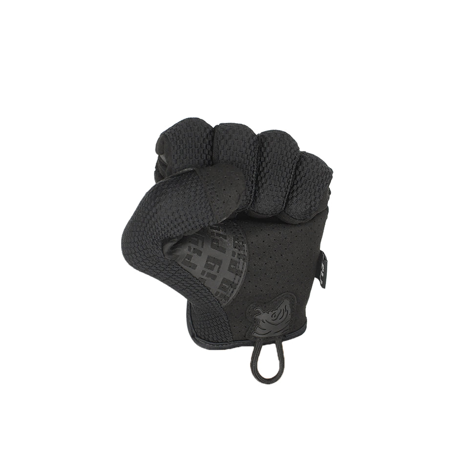 Palm-side closed fist view of the PIG FDT HADES Hot Weather Glove in Black highlighting the perforated single-layer palm, flexible finger construction, and high-dexterity shooting glove design.