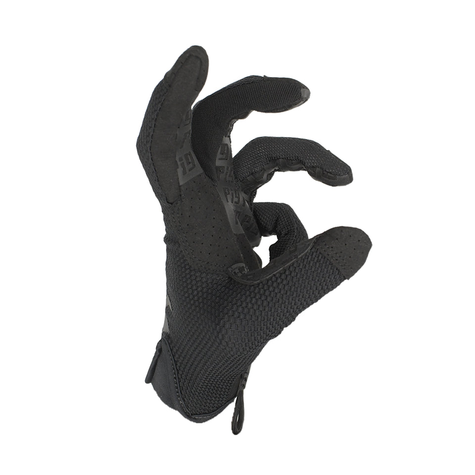 PIG FDT HADES Hot Weather Glove in Black shown in a gripping position, demonstrating the flexible fingers and precision fit for firearm control.