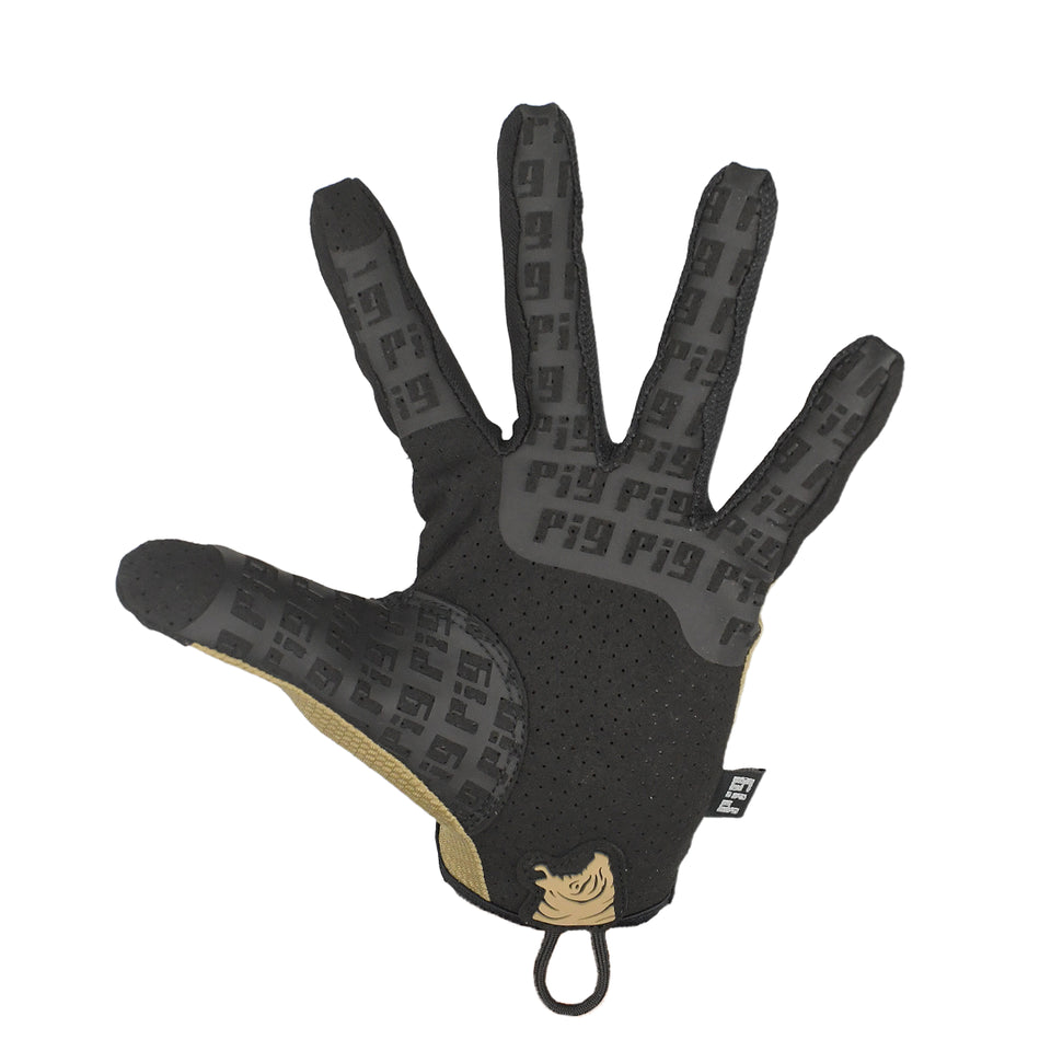 Palm view of the PIG FDT HADES Hot Weather Glove in Coyote highlighting the perforated single-layer palm, touchscreen-compatible fingertips, and precision shooting grip.