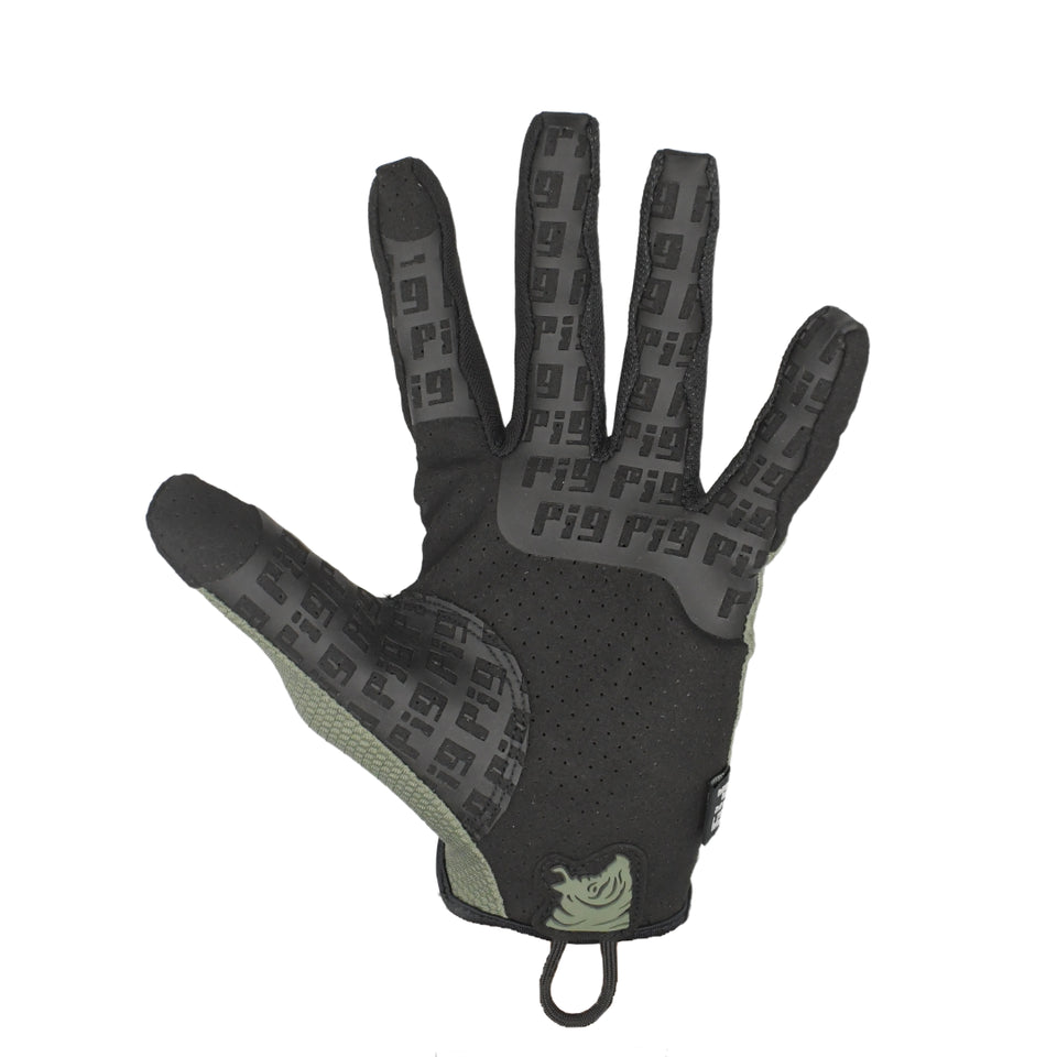 Palm view of the PIG FDT HADES Hot Weather Glove in Ranger Green highlighting the perforated palm, touchscreen-compatible fingertips, and high-dexterity construction.
