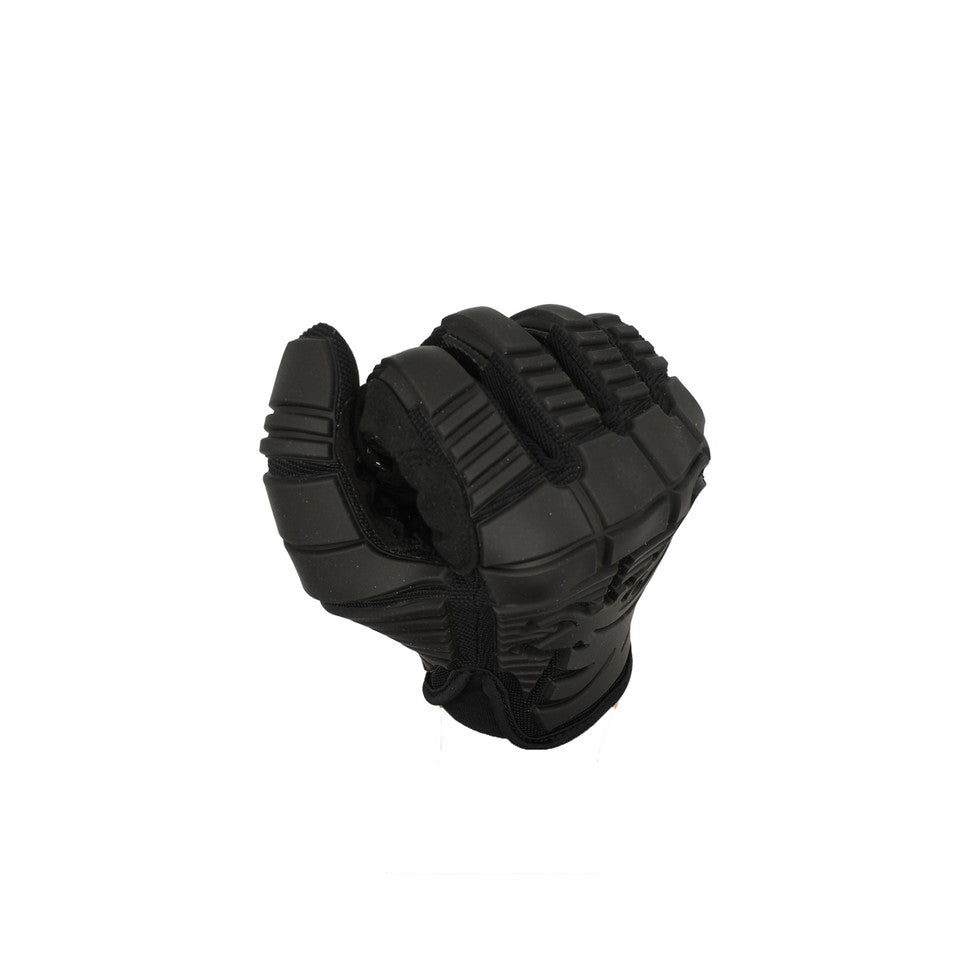 Closed fist view of the PIG FDT OPFOR Glove in Black showcasing the molded TRP back-of-hand impact protection and articulated finger design.