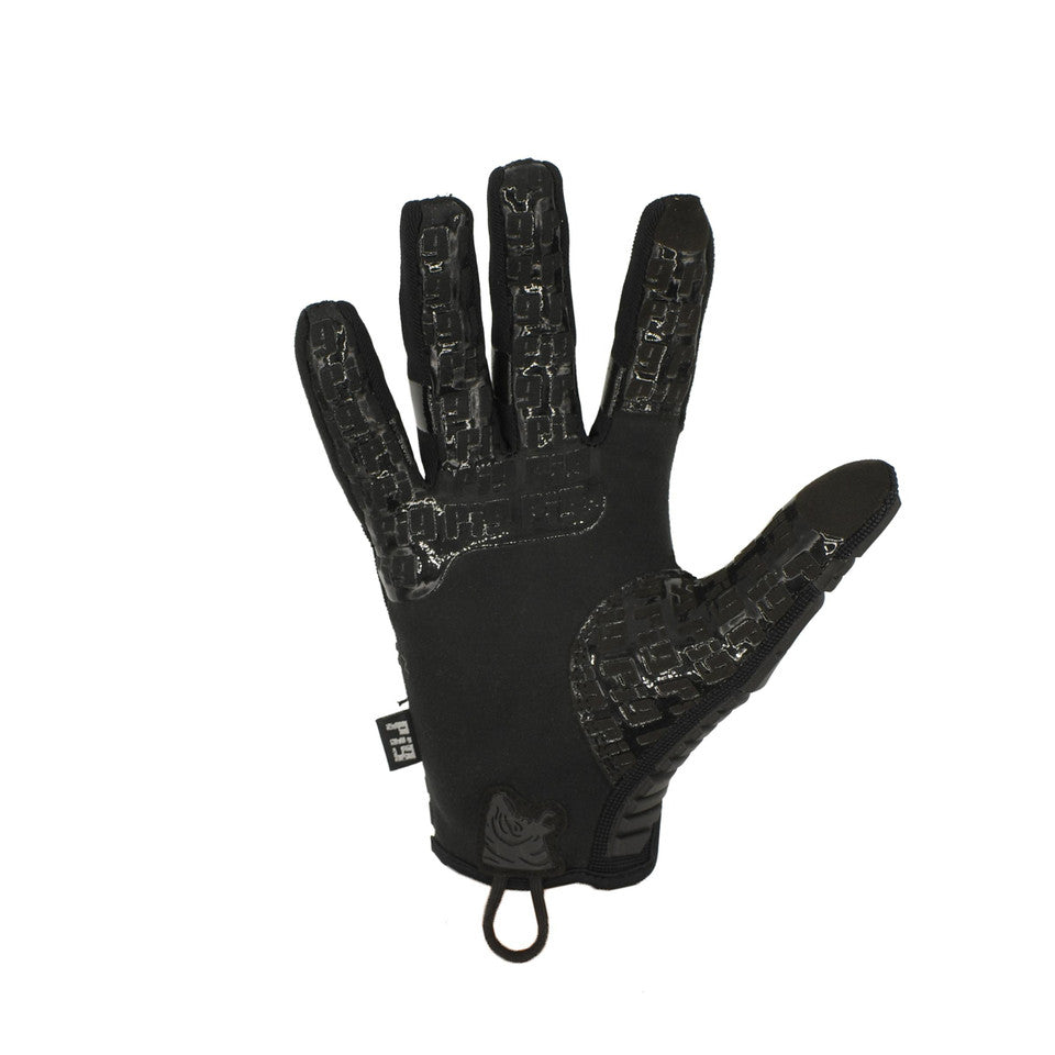 Palm view of the PIG FDT OPFOR Glove in Black highlighting the reinforced grip surface, touchscreen-compatible fingertips, and precision shooting glove construction.